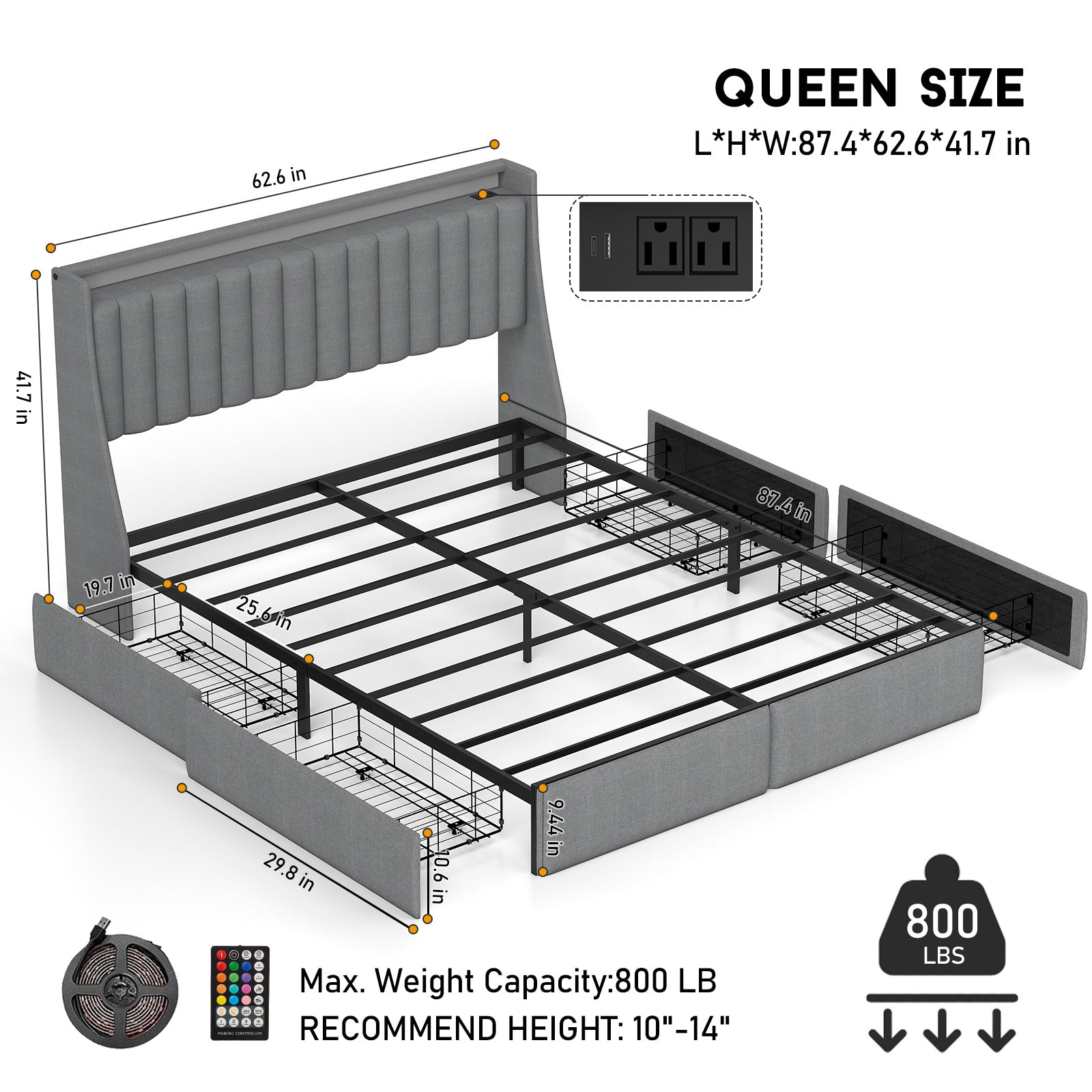 Platform Bed Frame with LED Lights, Headboard & Storage Drawers
