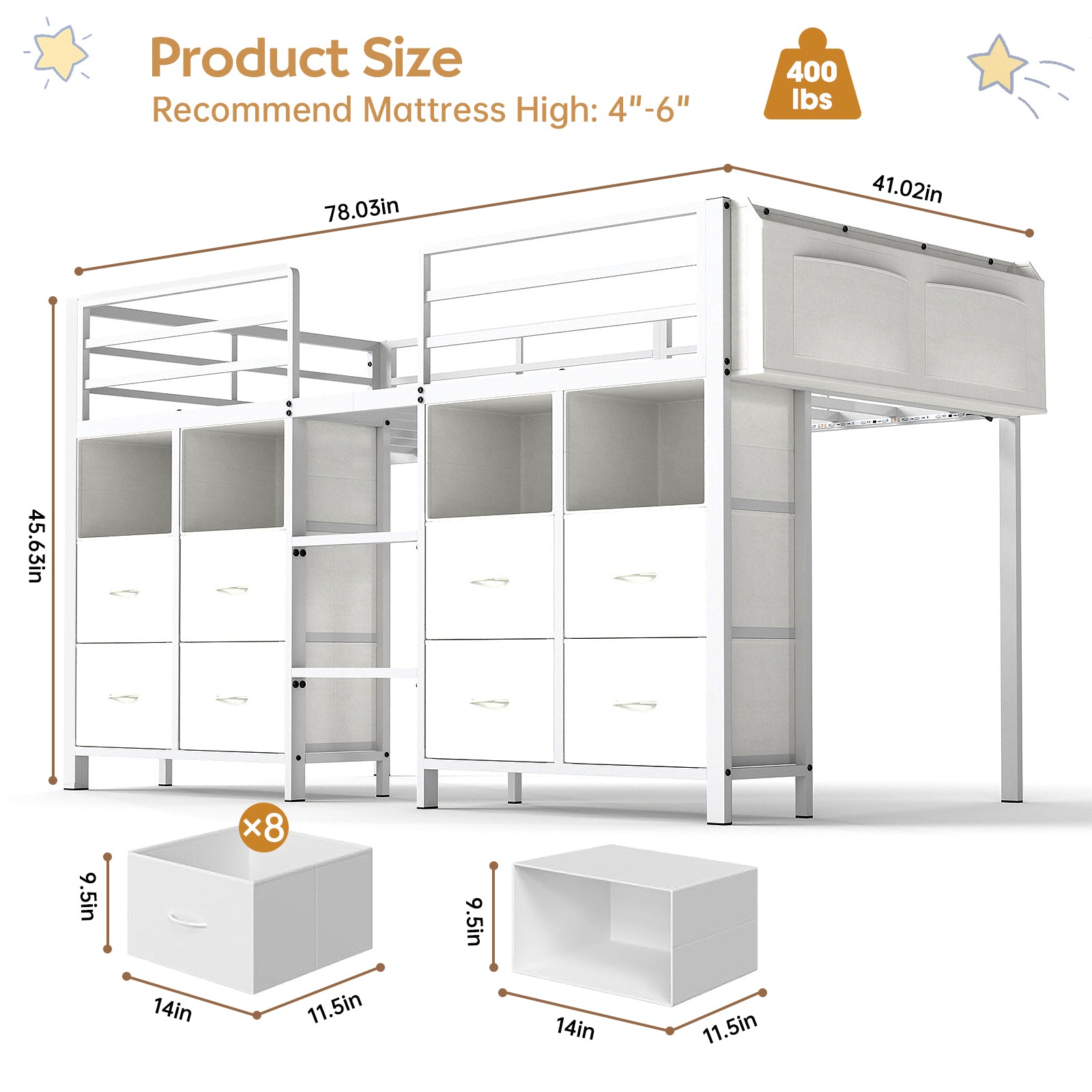 Kids Twin Low Loft Bed with 8 Storage Drawers & 4 Cubbies, RGB LED Lights & Under-Bed Play Space | White Metal Frame, Anti-Tip