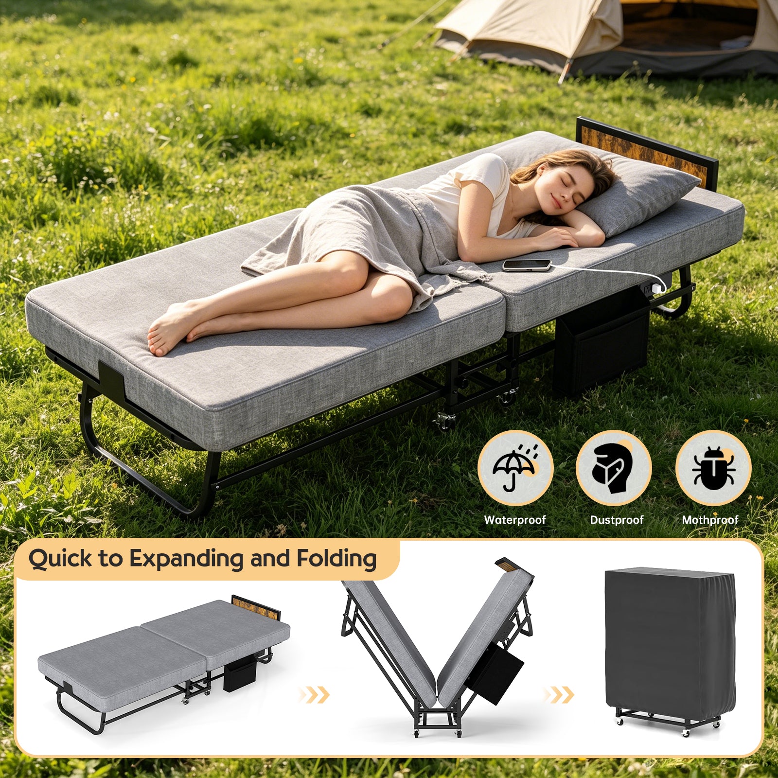 Folding metal bed frame with charging station and memory foam mattress—includes headboard
