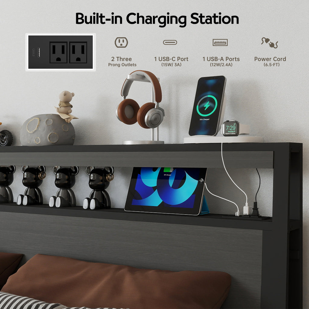 Retro Brown Storage Bed Frame with RGB LED & USB Charging – Full / Queen