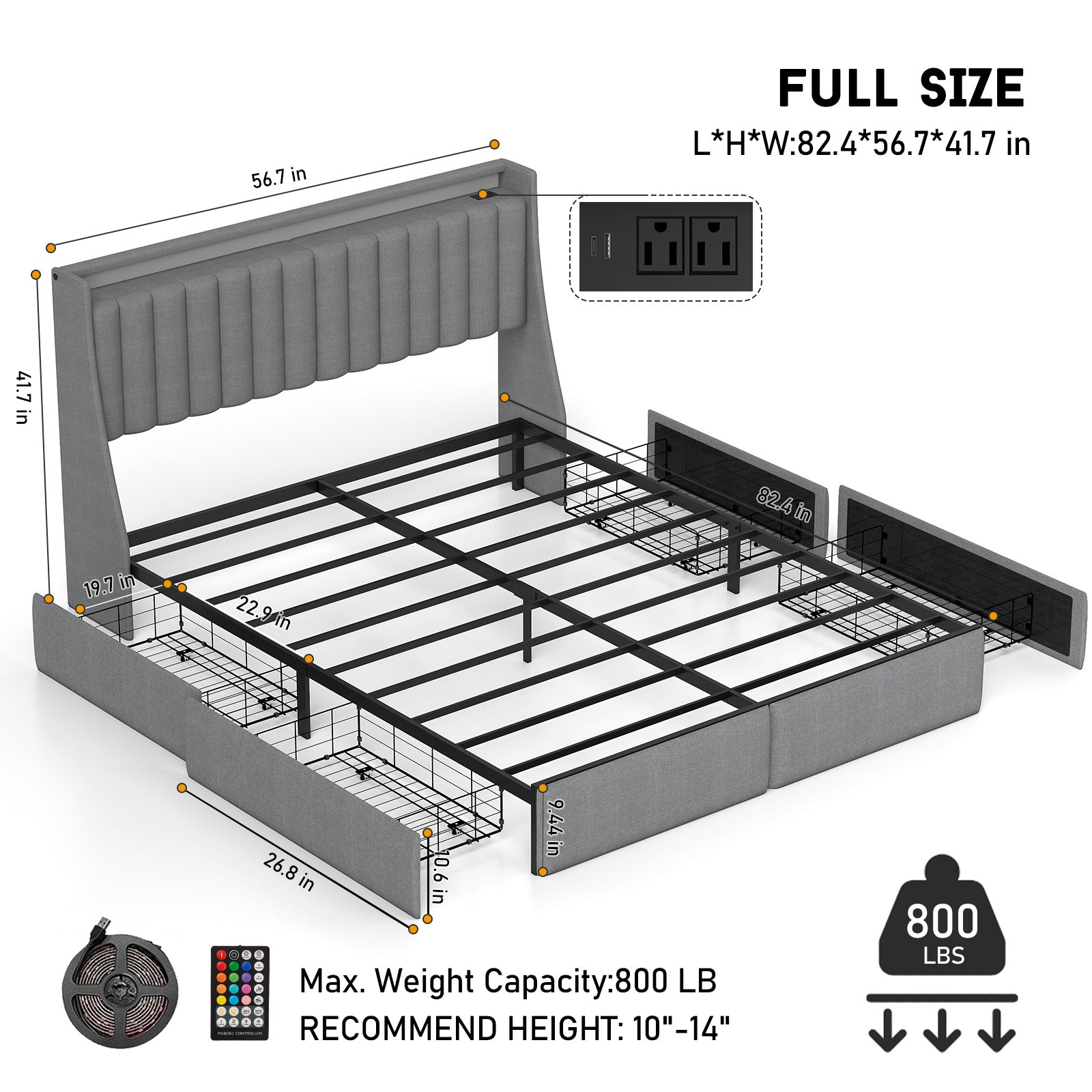 Platform Bed Frame with LED Lights, Headboard & Storage Drawers