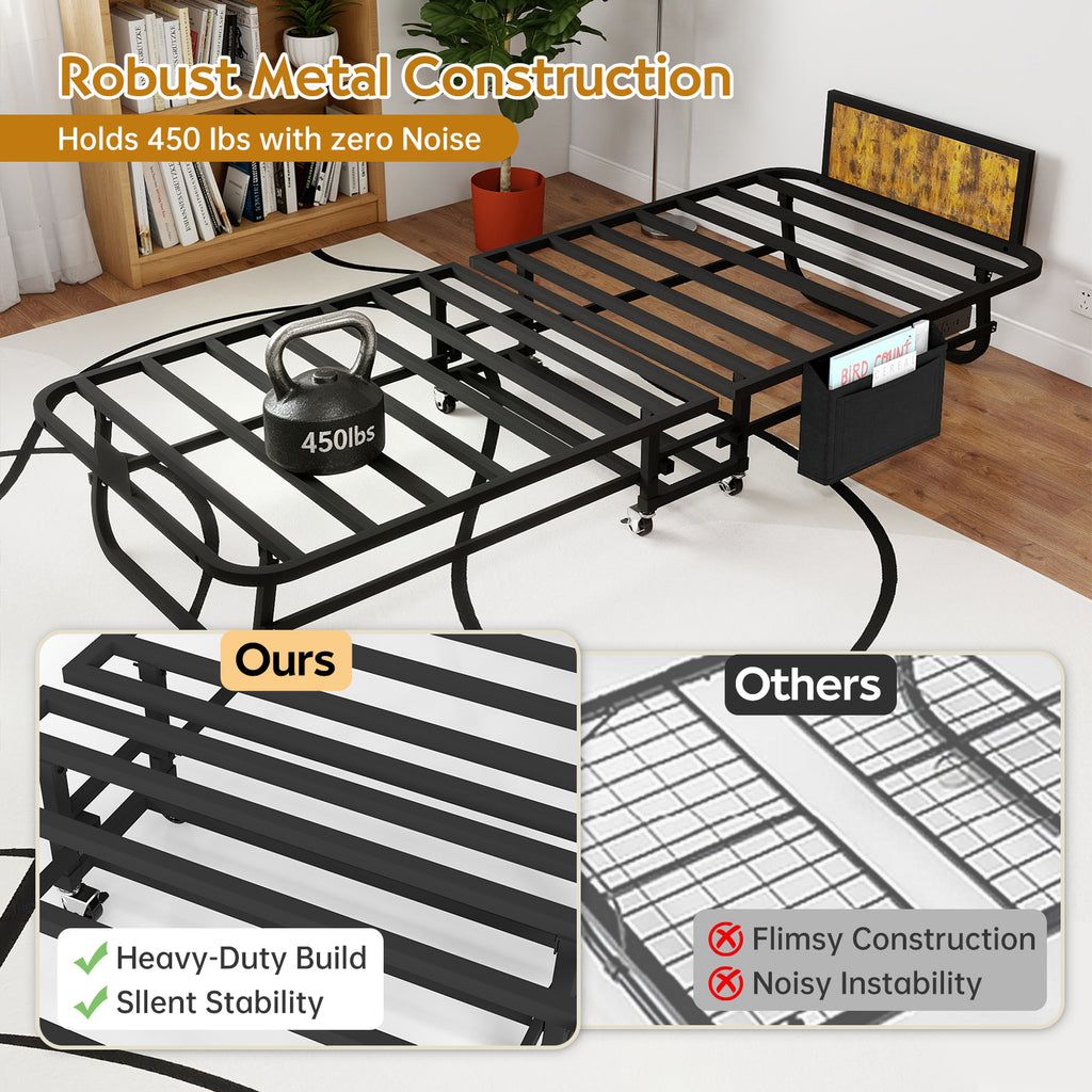 Folding metal bed frame with charging station and memory foam mattress—includes headboard