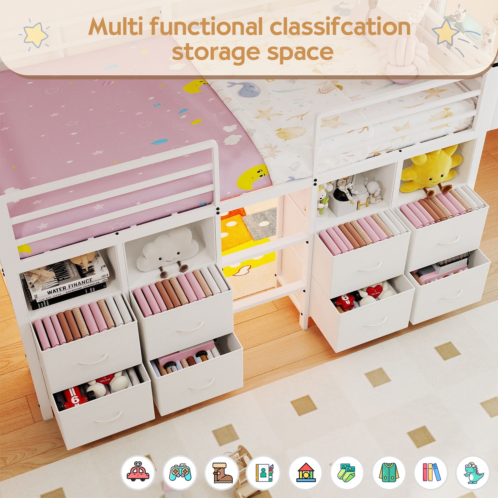 Kids Twin Low Loft Bed with 8 Storage Drawers & 4 Cubbies, RGB LED Lights & Under-Bed Play Space | White Metal Frame, Anti-Tip