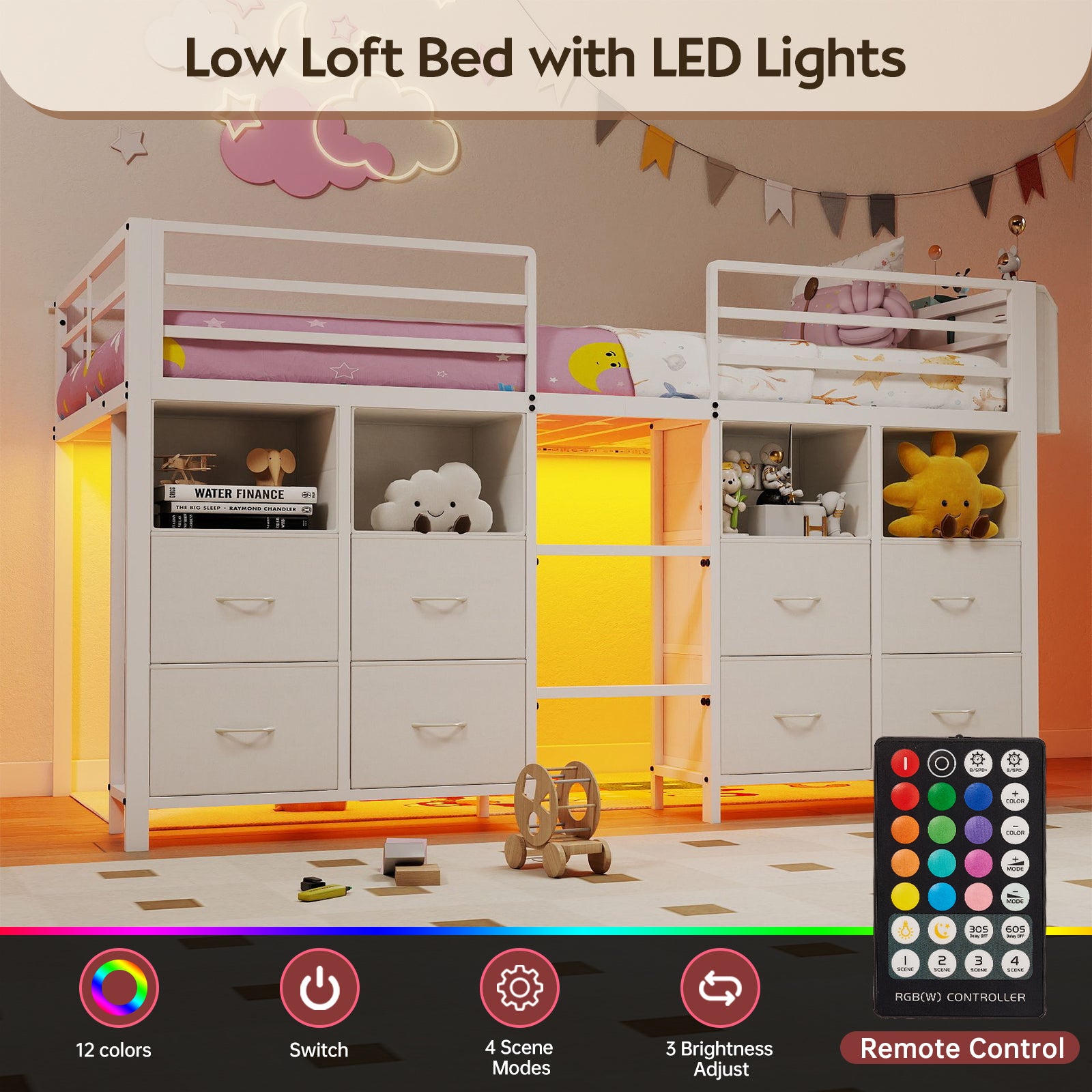 Kids Twin Low Loft Bed with 8 Storage Drawers & 4 Cubbies, RGB LED Lights & Under-Bed Play Space | White Metal Frame, Anti-Tip