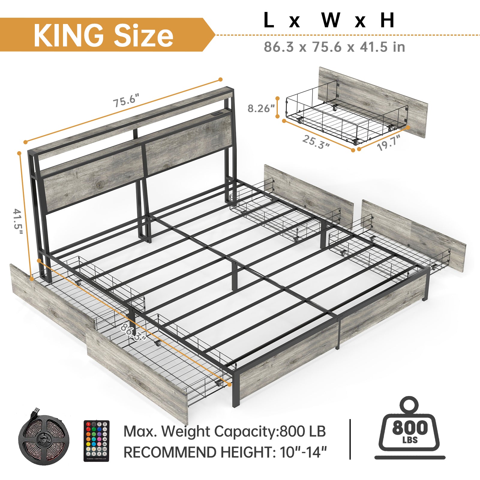 Rustic Grey Smart Bed Frame – RGB LED, 4 Drawers, USB & Outlet – No Box Spring – Full / Queen / King