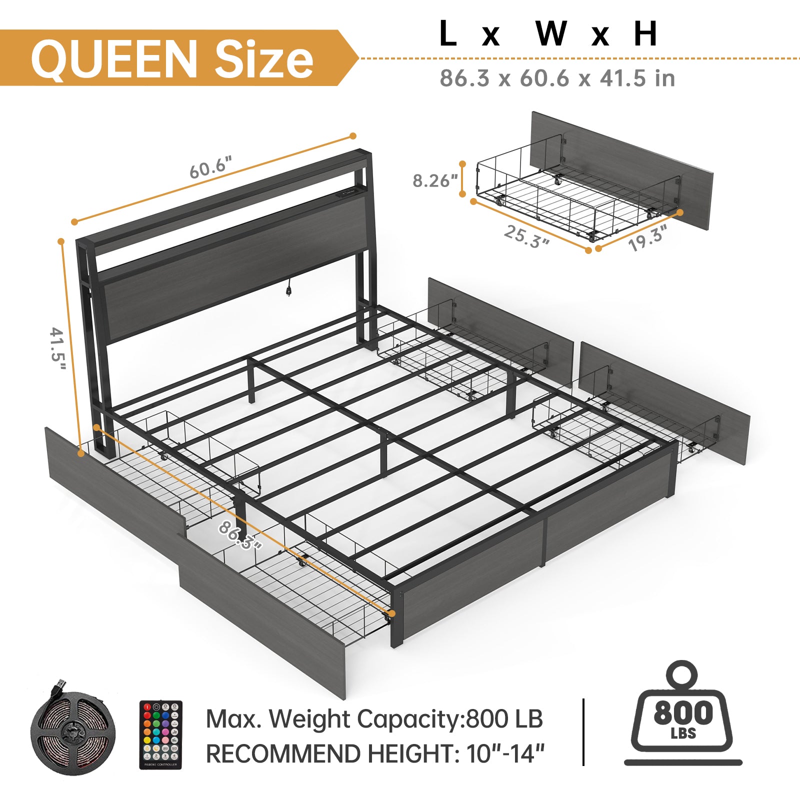 Smart RGB LED Storage Bed Frame with USB & Outlets – Charcoal Grey