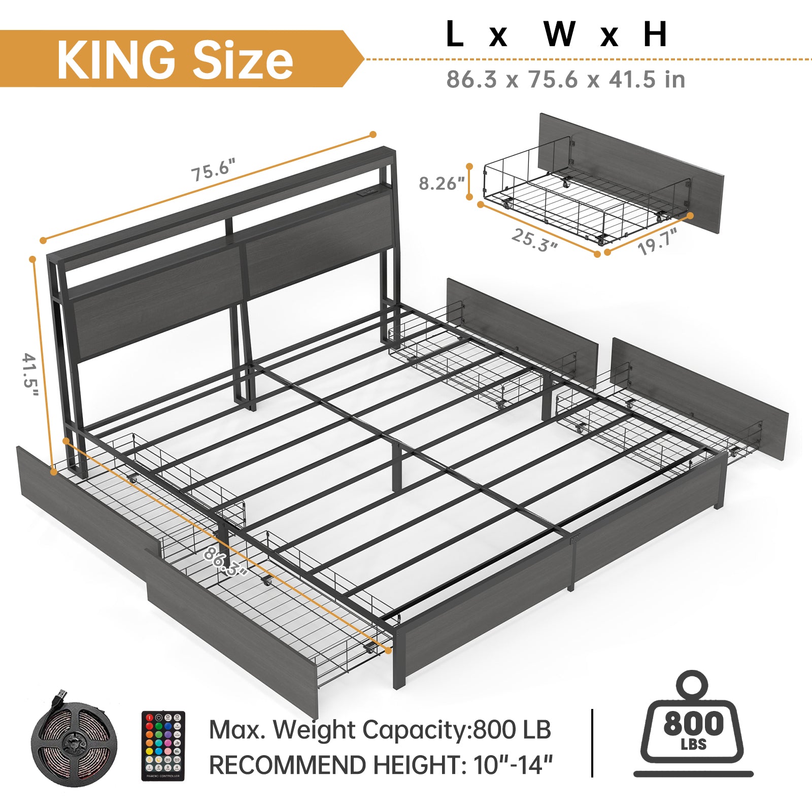 Smart RGB LED Storage Bed Frame with USB & Outlets – Charcoal Grey