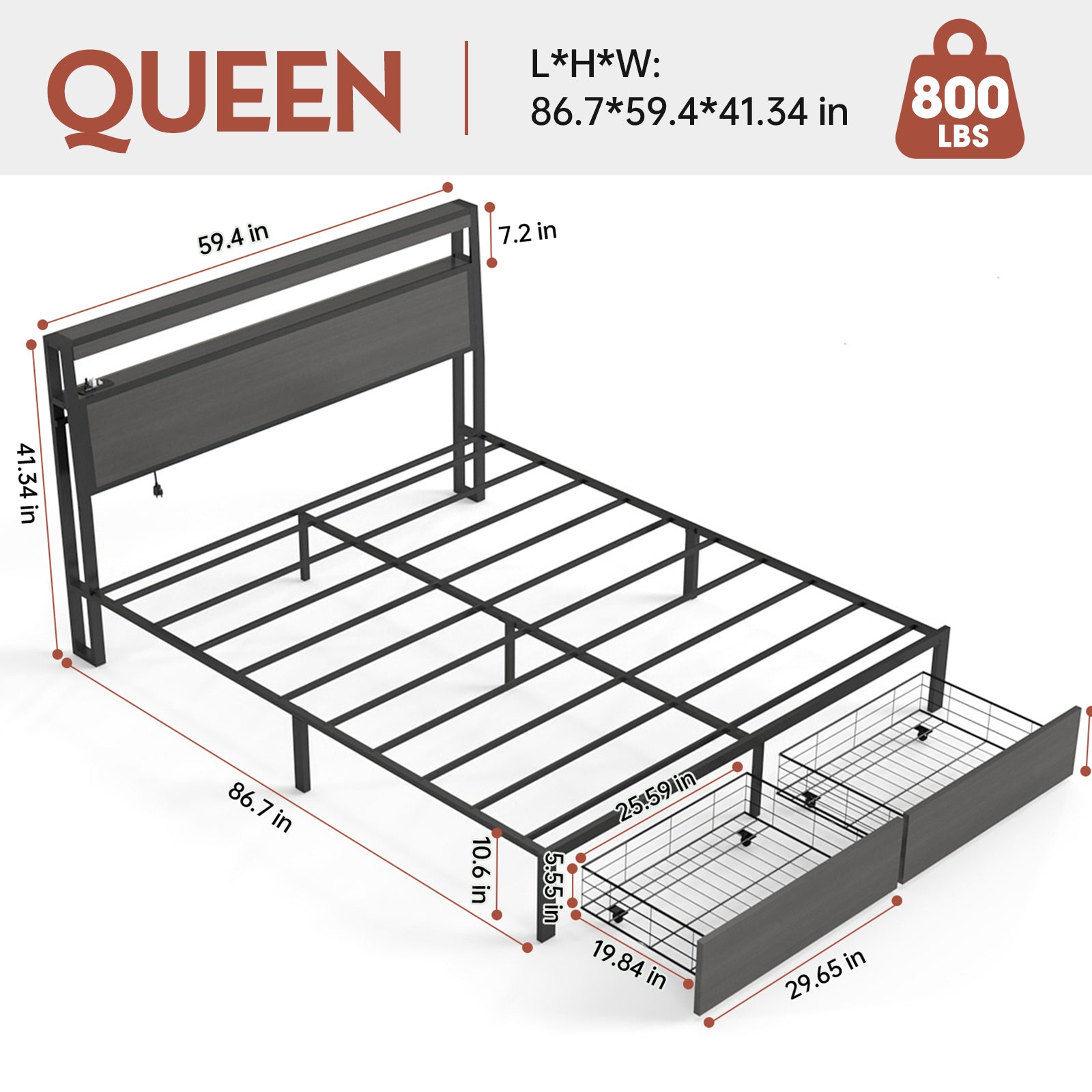 Retro Brown Storage Bed Frame with RGB LED & USB Charging – Full / Queen