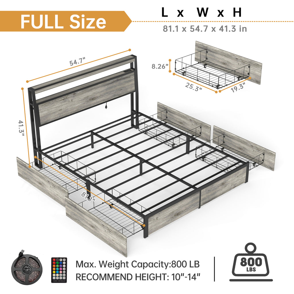 Rustic Grey Smart Bed Frame – RGB LED, 4 Drawers, USB & Outlet – No Box Spring – Full / Queen / King