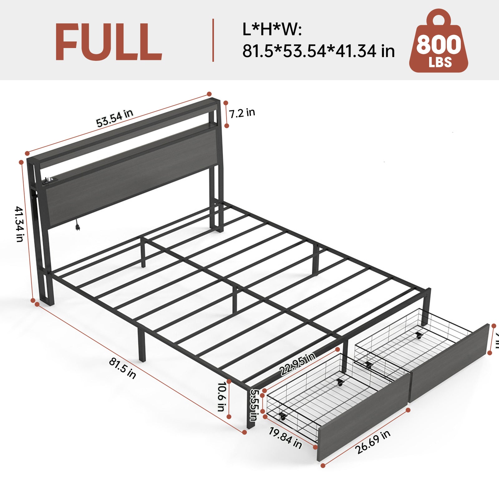 Retro Brown Storage Bed Frame with RGB LED & USB Charging – Full / Queen