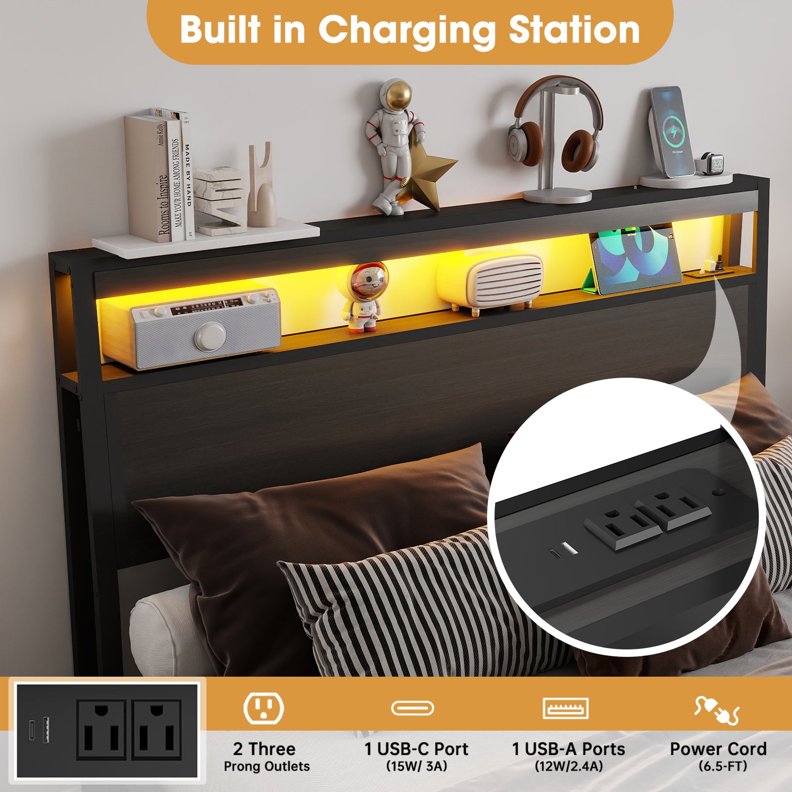 Smart RGB LED Storage Bed Frame with USB & Outlets – Charcoal Grey