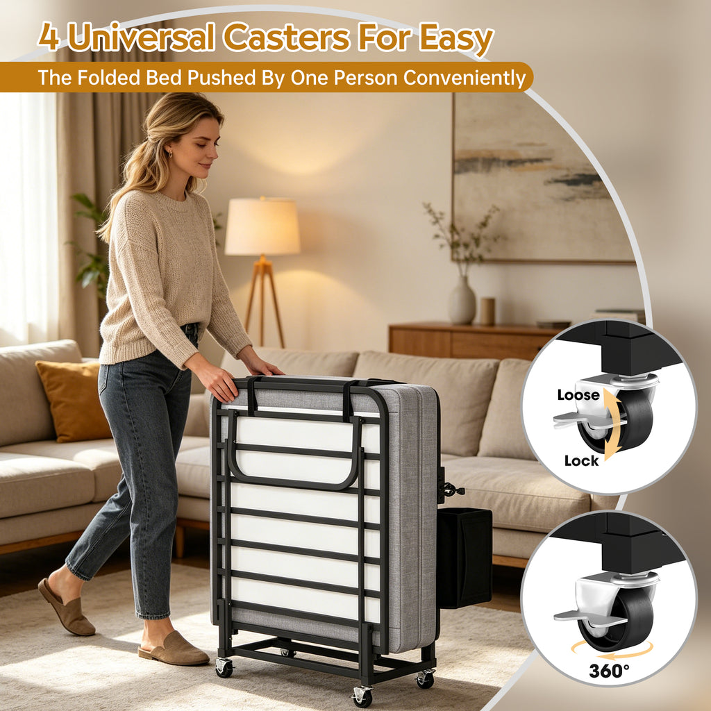 Folding metal bed frame with charging station and memory foam mattress—includes headboard