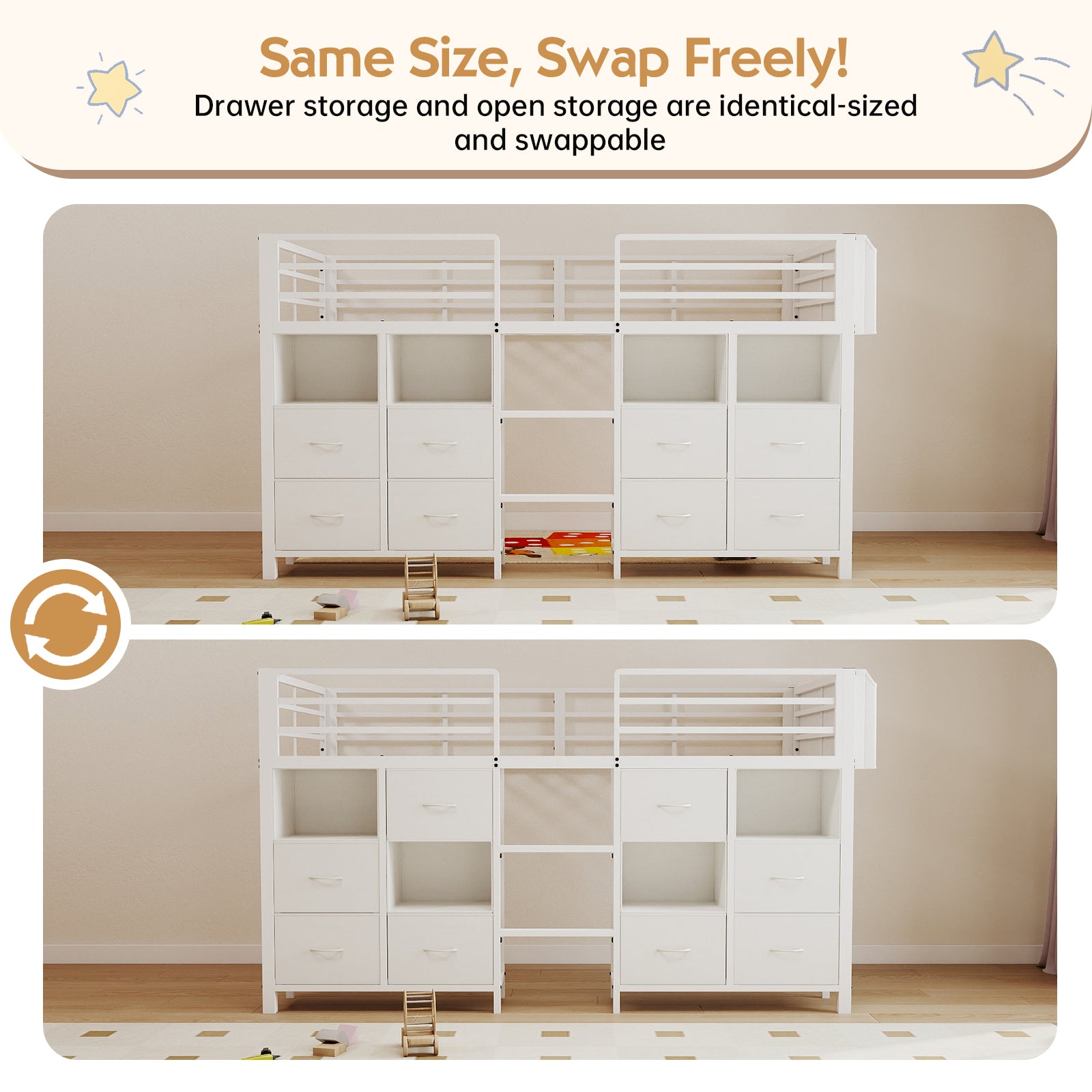 Kids Twin Low Loft Bed with 8 Storage Drawers & 4 Cubbies, RGB LED Lights & Under-Bed Play Space | White Metal Frame, Anti-Tip