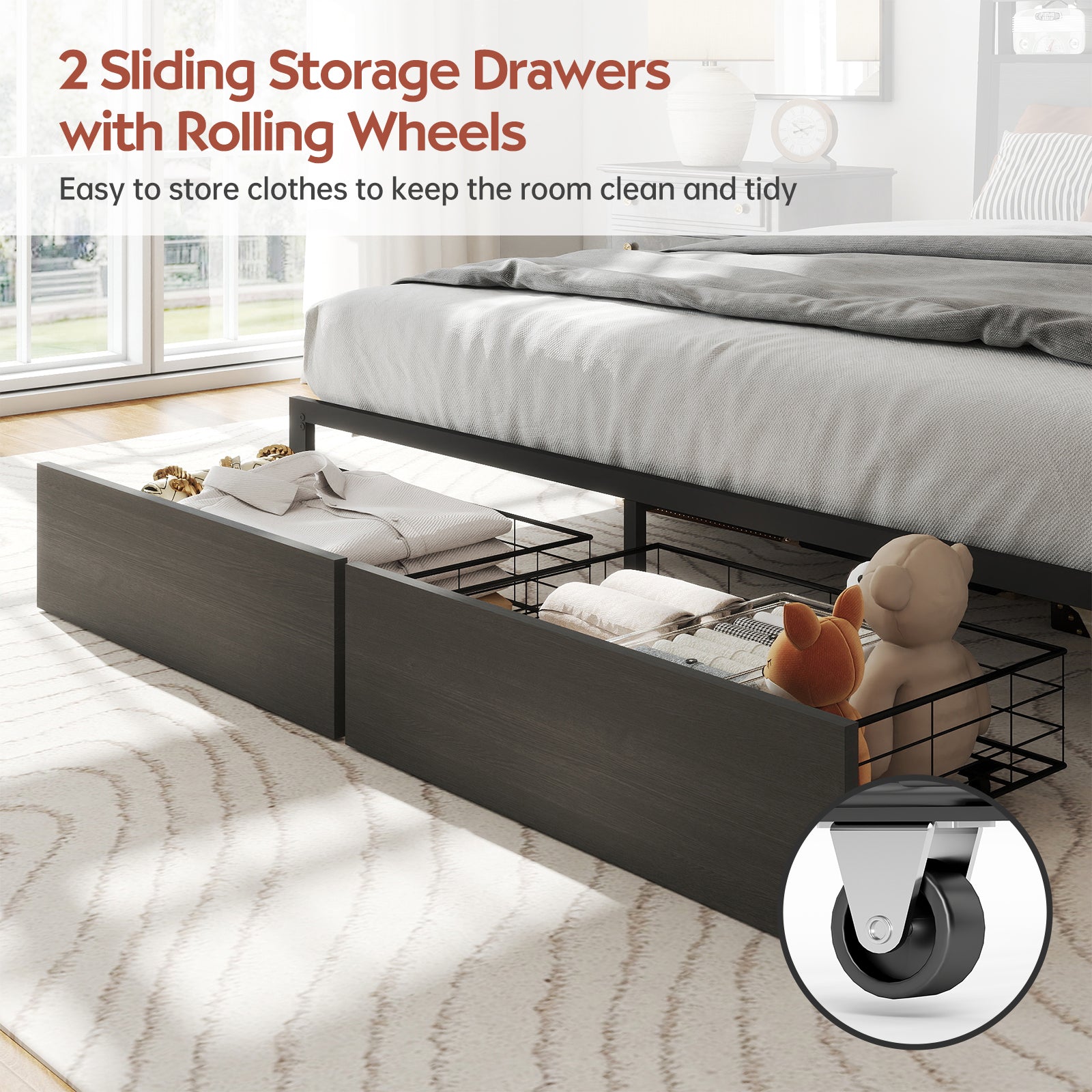 Retro Brown Storage Bed Frame with RGB LED & USB Charging – Full / Queen