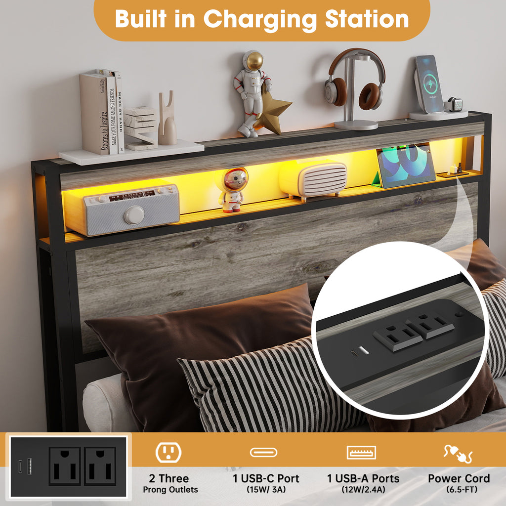 Rustic Grey Smart Bed Frame – RGB LED, 4 Drawers, USB & Outlet – No Box Spring – Full / Queen / King