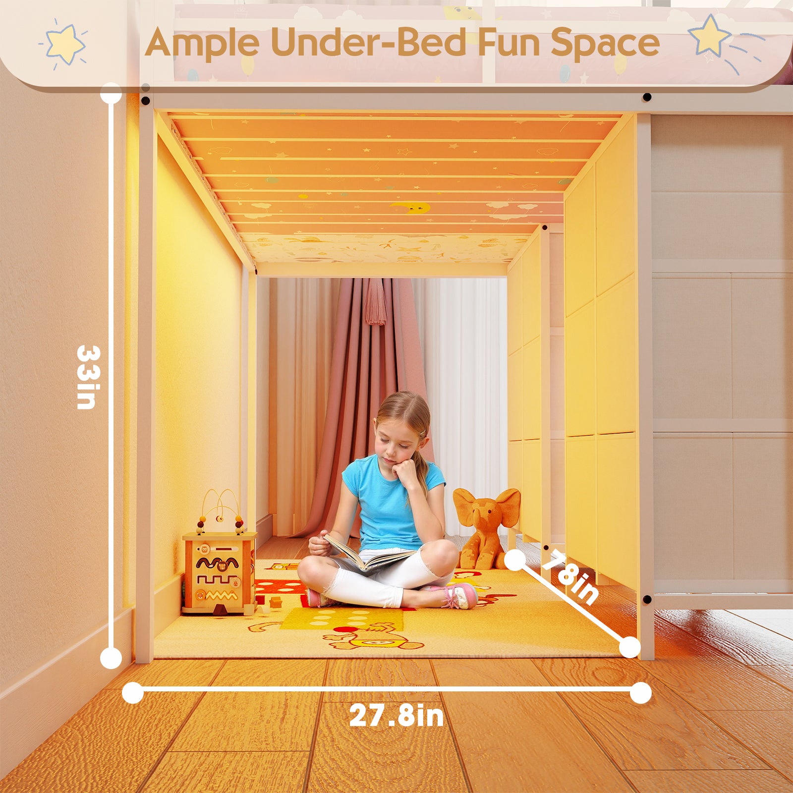 Kids Twin Low Loft Bed with 8 Storage Drawers & 4 Cubbies, RGB LED Lights & Under-Bed Play Space | White Metal Frame, Anti-Tip