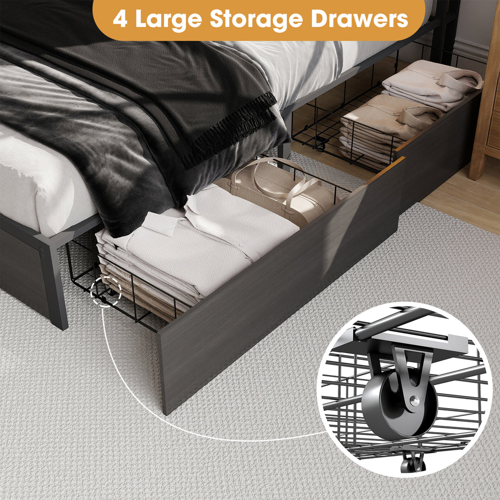 Smart RGB LED Storage Bed Frame with USB & Outlets – Charcoal Grey