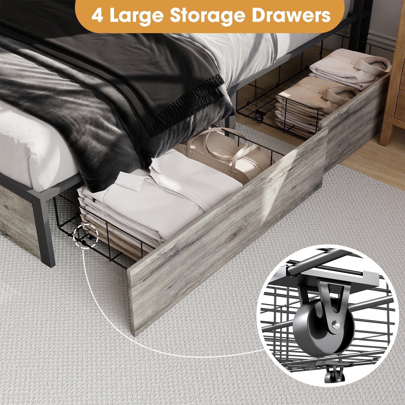 Rustic Grey Smart Bed Frame – RGB LED, 4 Drawers, USB & Outlet – No Box Spring – Full / Queen / King