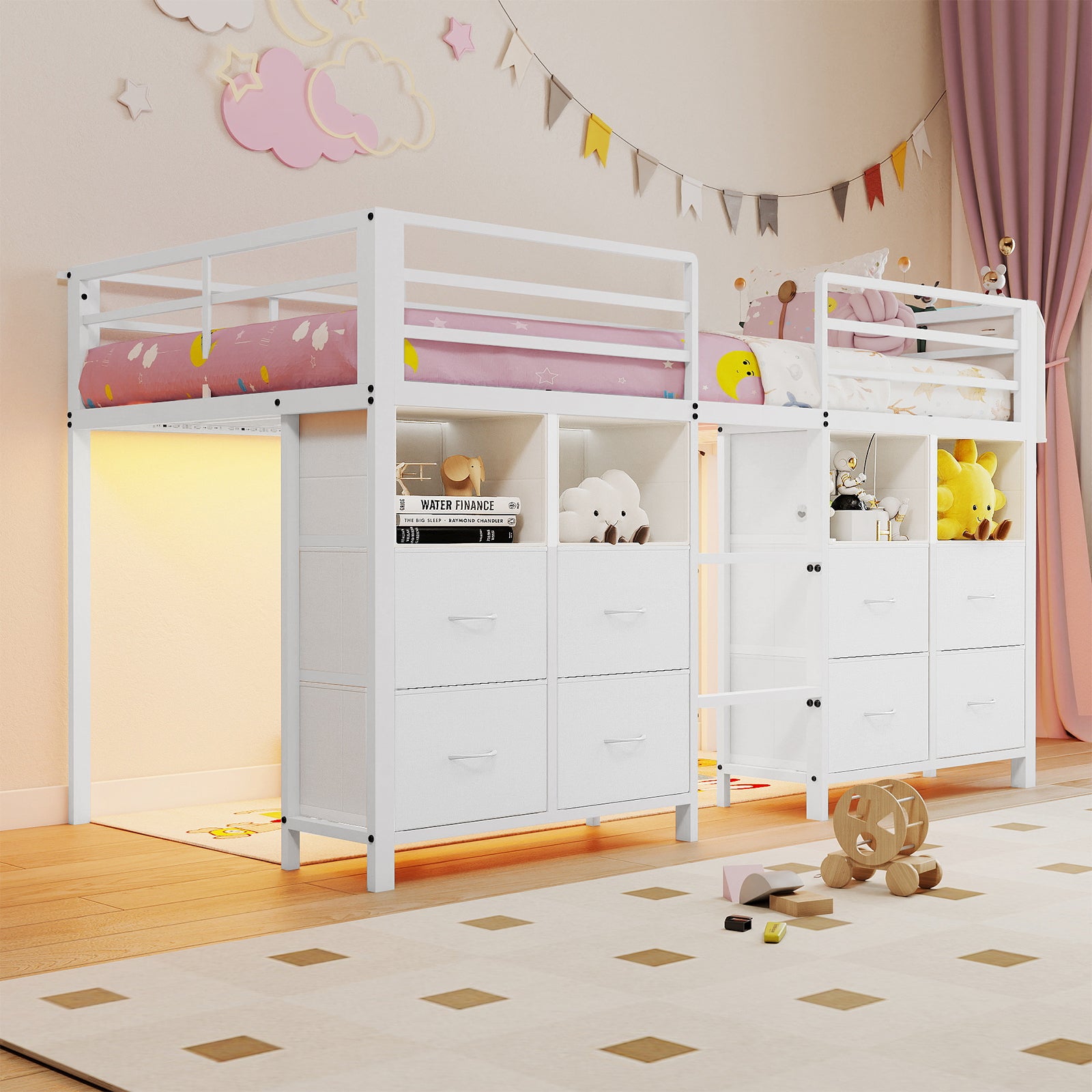 Kids Twin Low Loft Bed with 8 Storage Drawers & 4 Cubbies, RGB LED Lights & Under-Bed Play Space | White Metal Frame, Anti-Tip