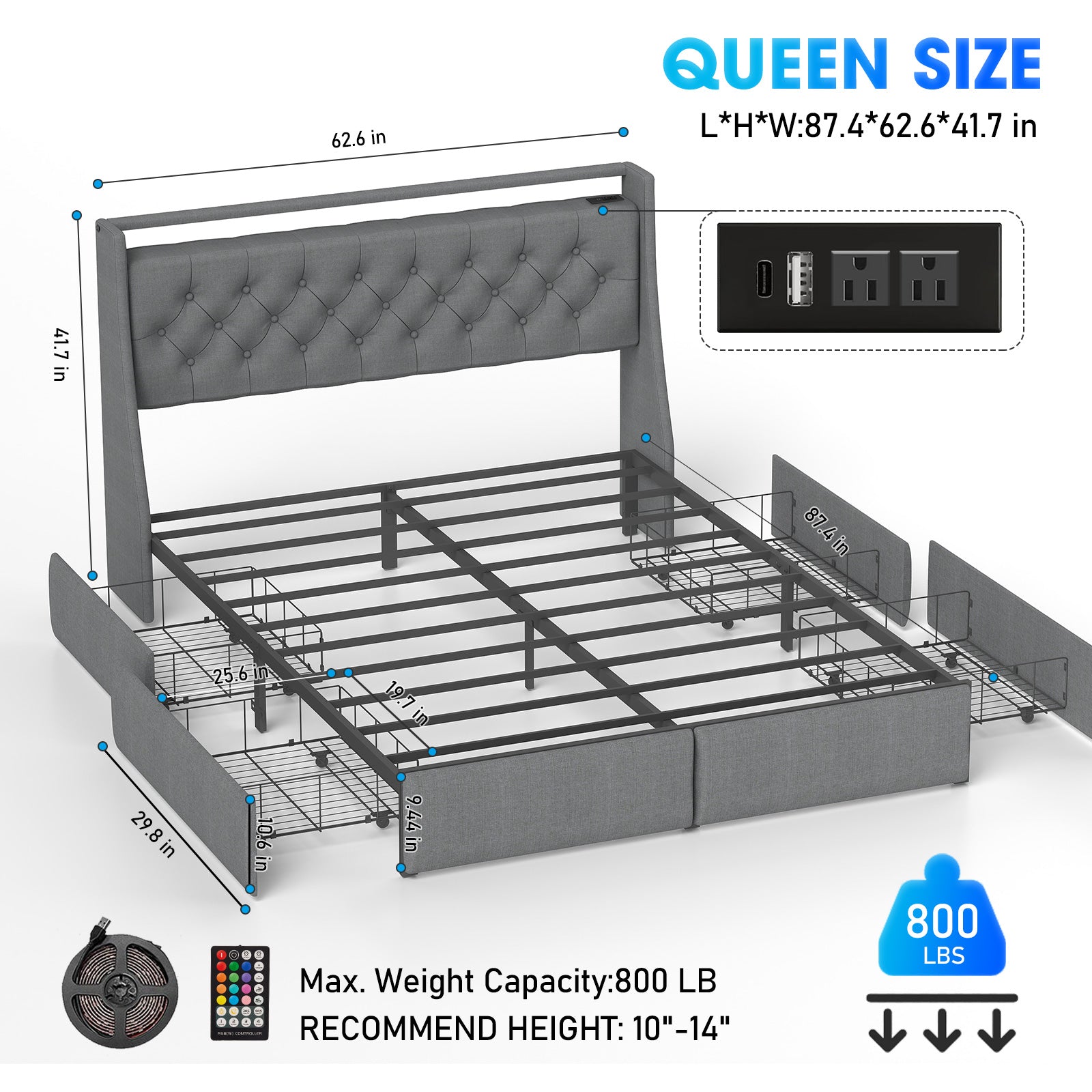 Upholstered Platform Bed Frame with Storage Drawers, LED Lights & Charging Station | Full, Queen & King