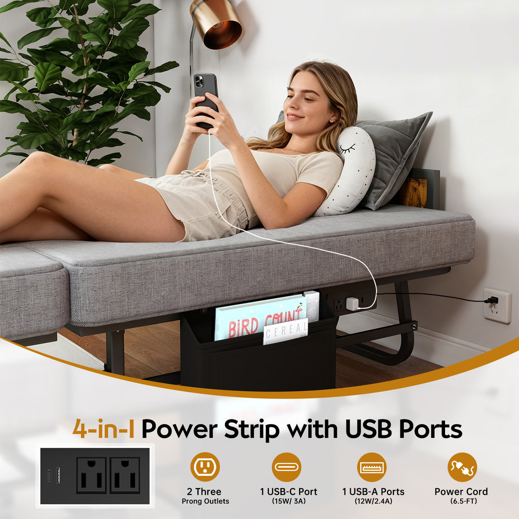 Folding metal bed frame with charging station and memory foam mattress—includes headboard