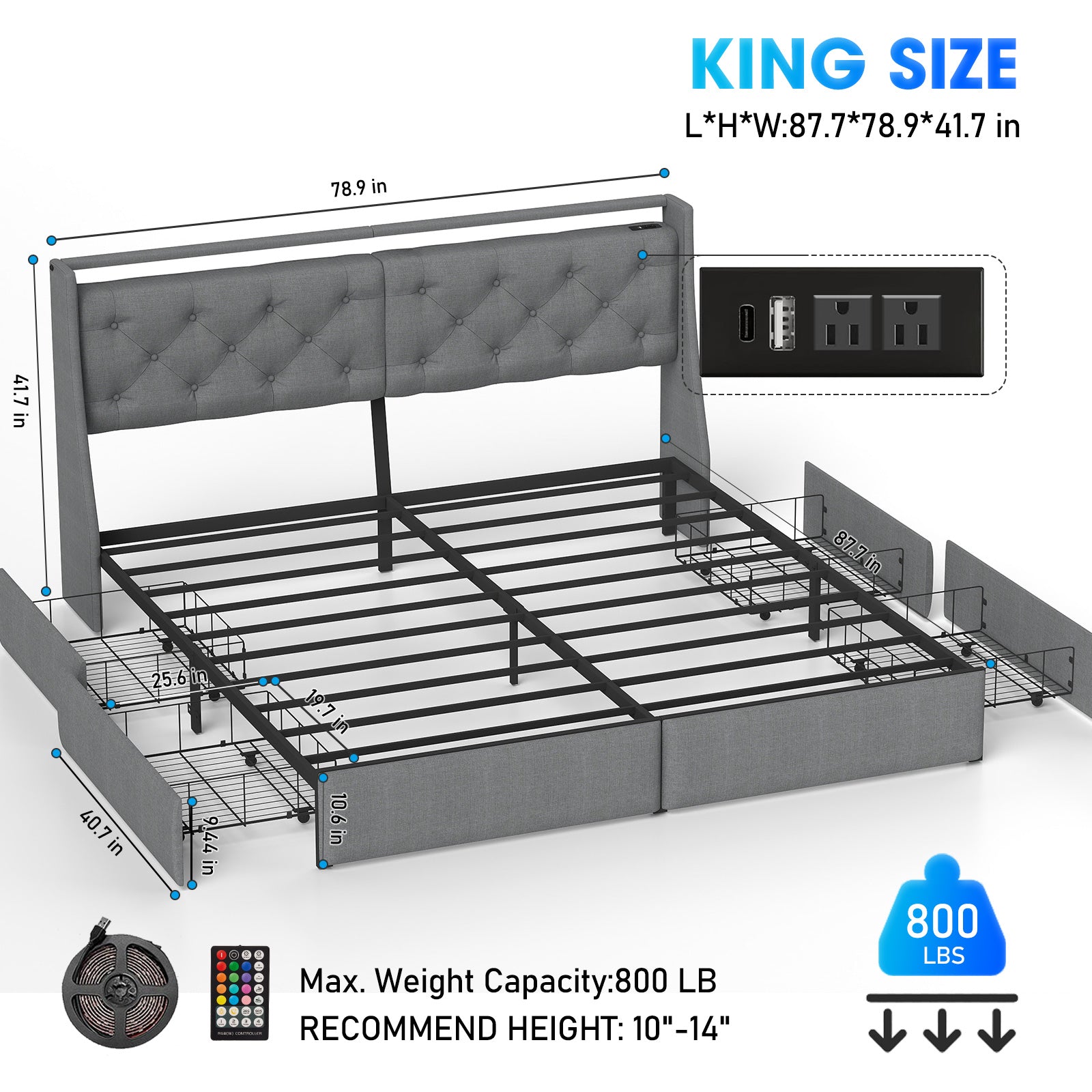 Upholstered Platform Bed Frame with Storage Drawers, LED Lights & Charging Station | Full, Queen & King