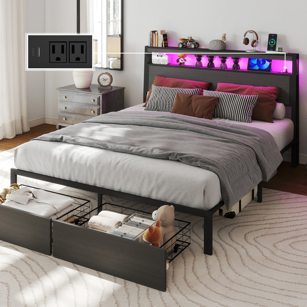 Retro Brown Storage Bed Frame with RGB LED & USB Charging – Full / Queen