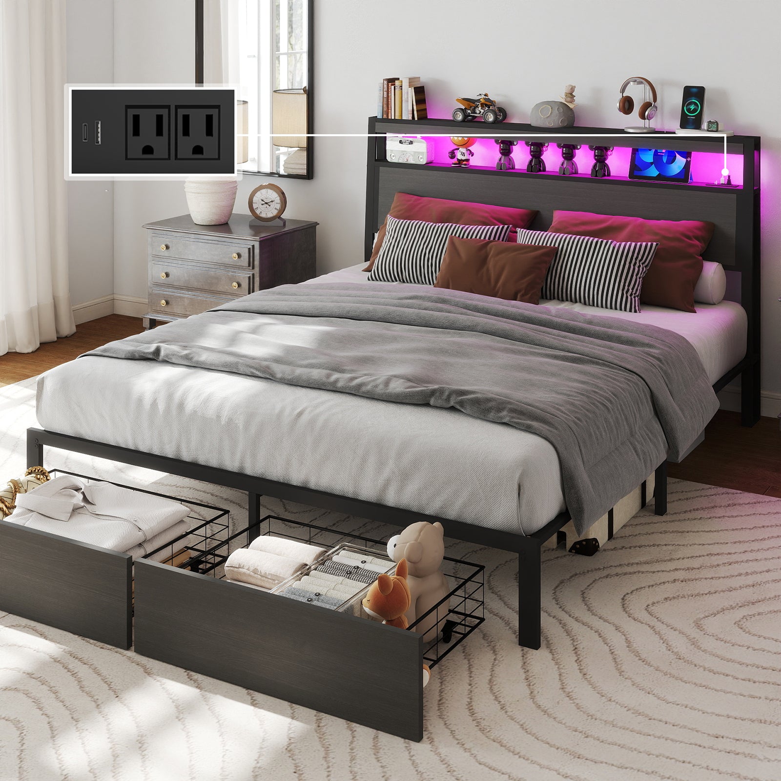 Retro Brown Storage Bed Frame with RGB LED & USB Charging – Full / Queen