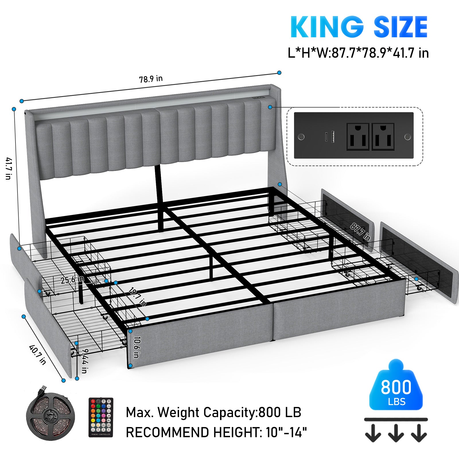 Platform Bed Frame with LED Lights, Headboard & Storage Drawers