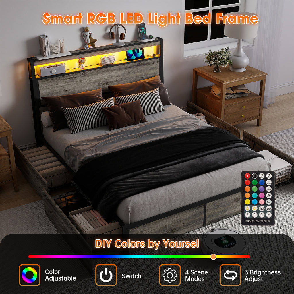Rustic Grey Smart Bed Frame – RGB LED, 4 Drawers, USB & Outlet – No Box Spring – Full / Queen / King
