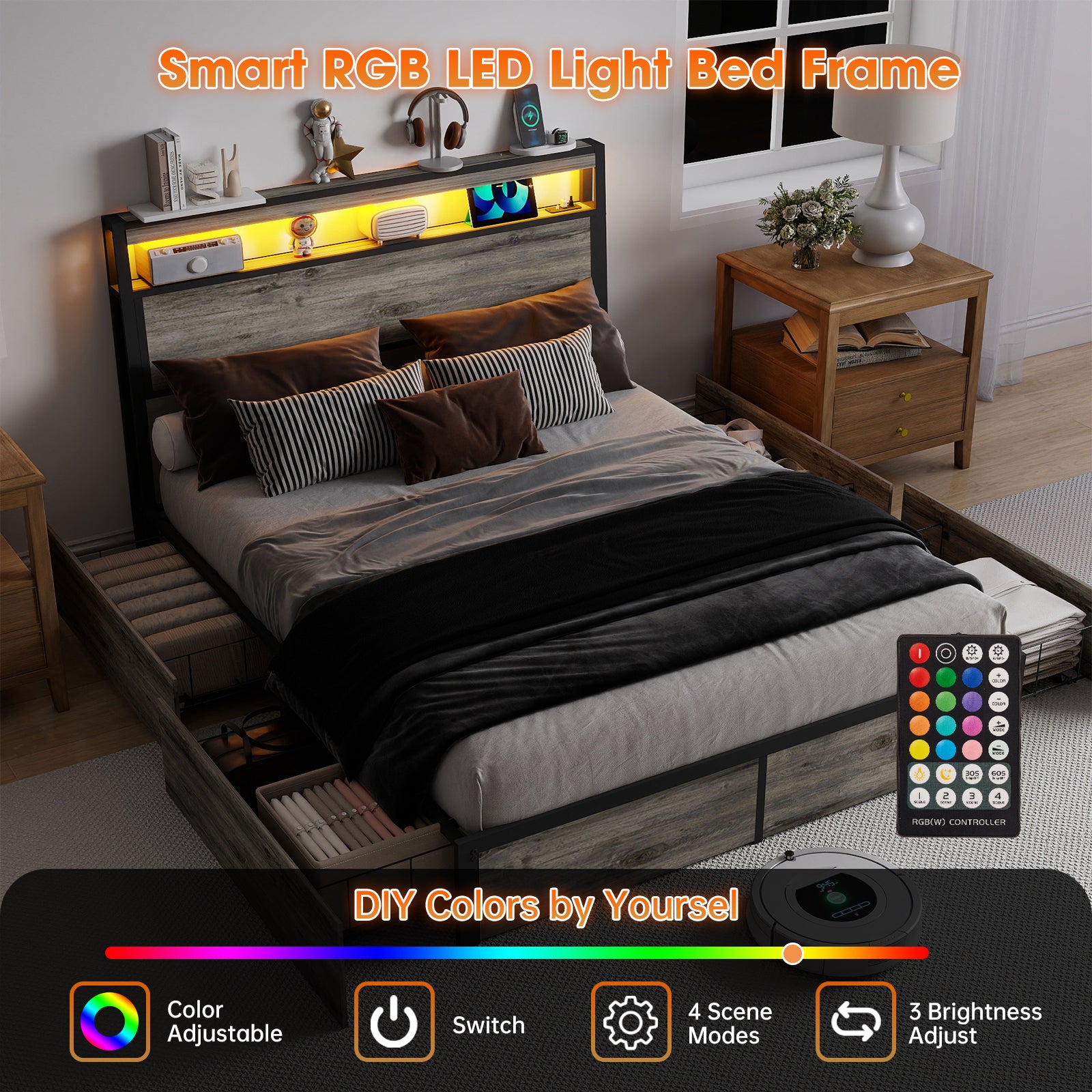 Rustic Grey Smart Bed Frame – RGB LED, 4 Drawers, USB & Outlet – No Box Spring – Full / Queen / King