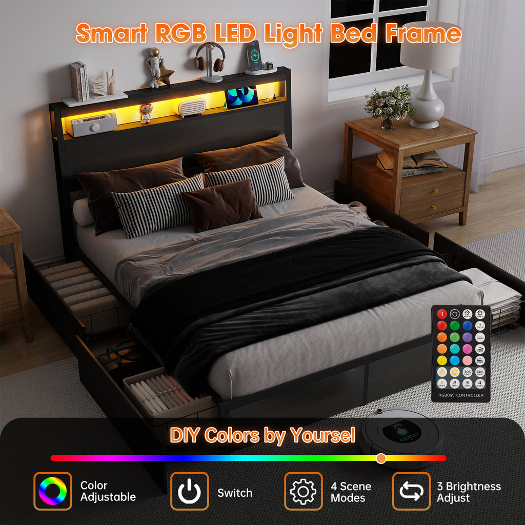 Smart RGB LED Storage Bed Frame with USB & Outlets – Charcoal Grey