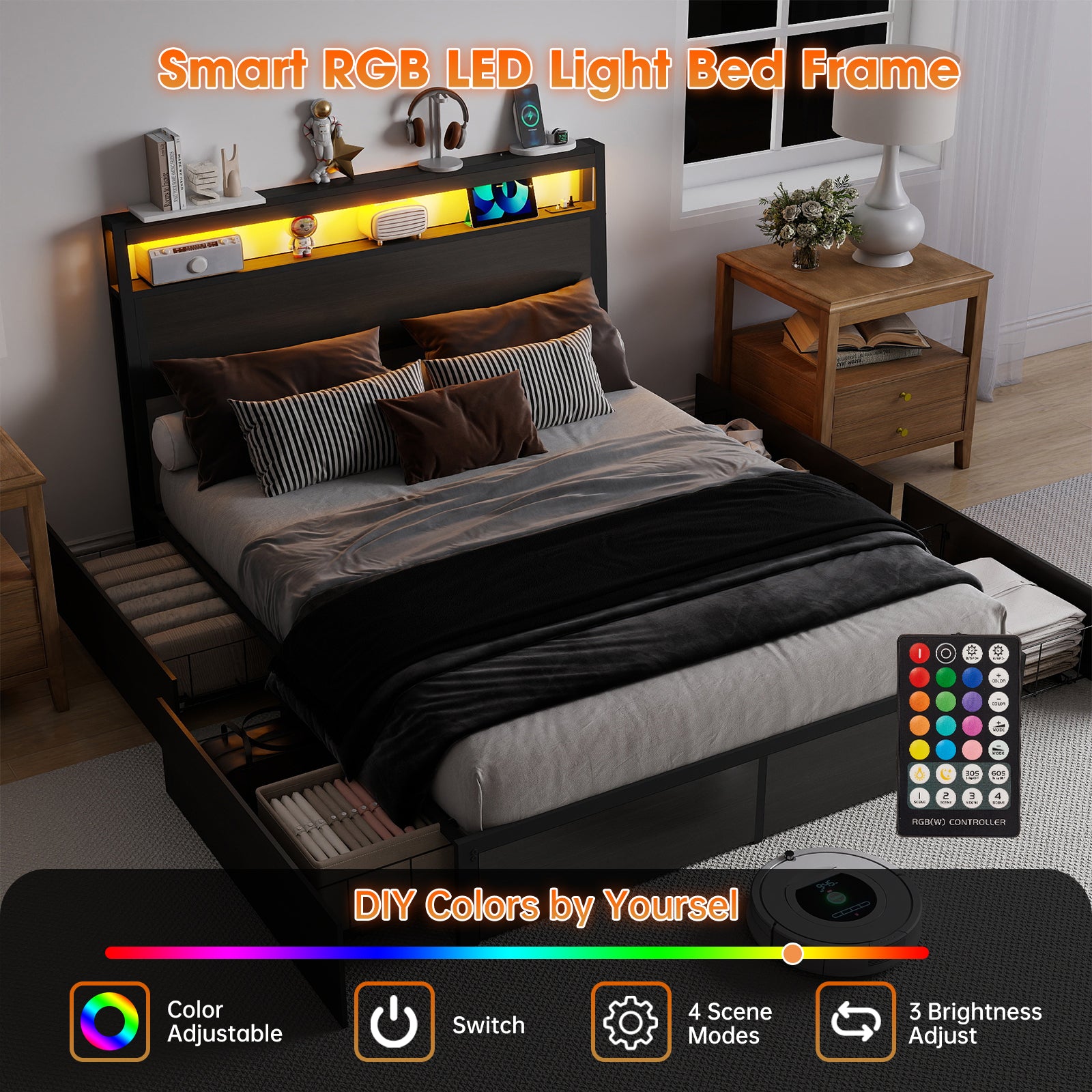Smart RGB LED Storage Bed Frame with USB & Outlets – Charcoal Grey
