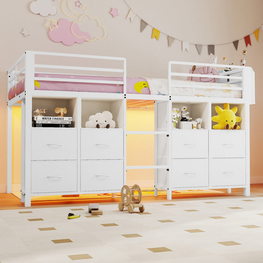 Kids Twin Low Loft Bed with 8 Storage Drawers & 4 Cubbies, RGB LED Lights & Under-Bed Play Space | White Metal Frame, Anti-Tip