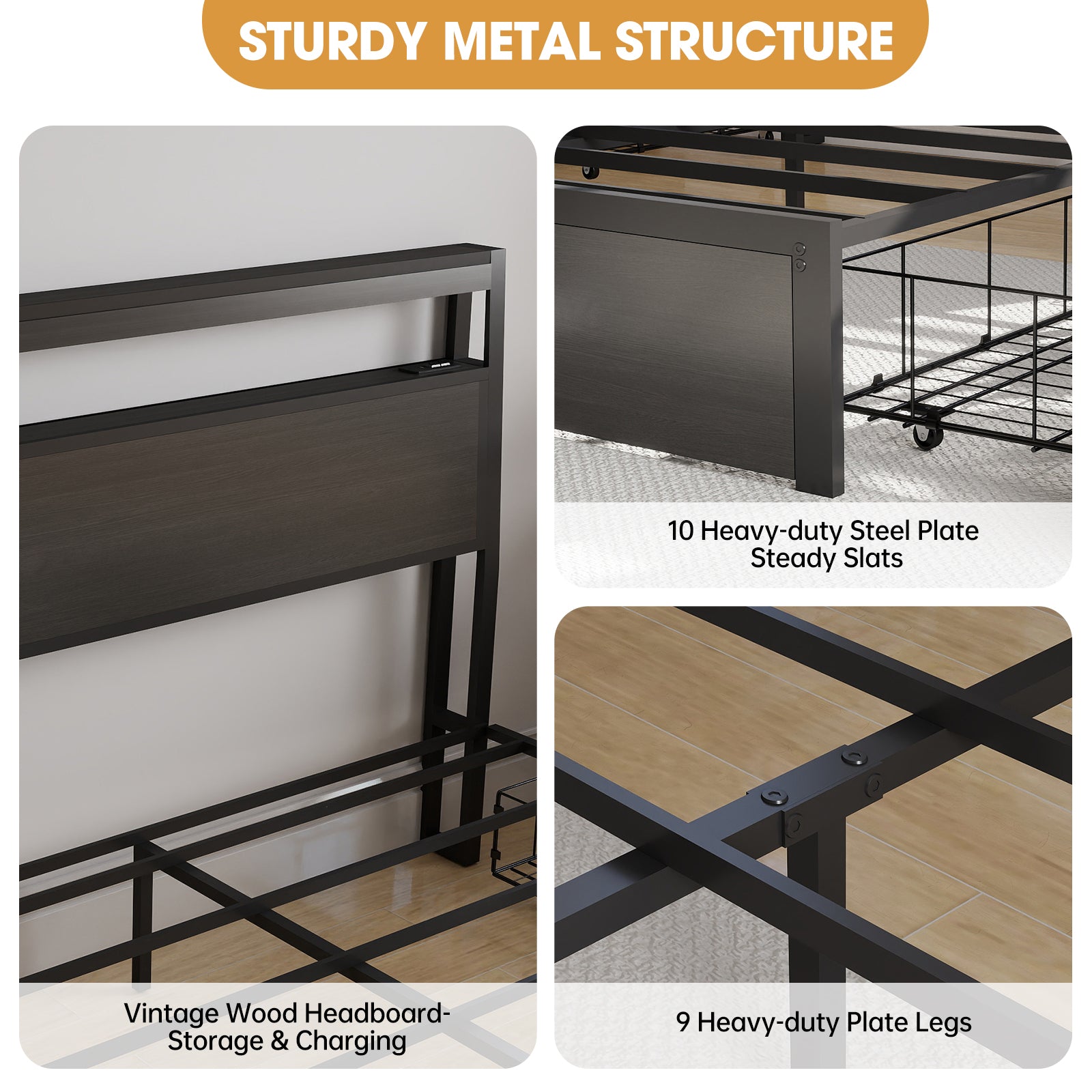 Smart RGB LED Storage Bed Frame with USB & Outlets – Charcoal Grey