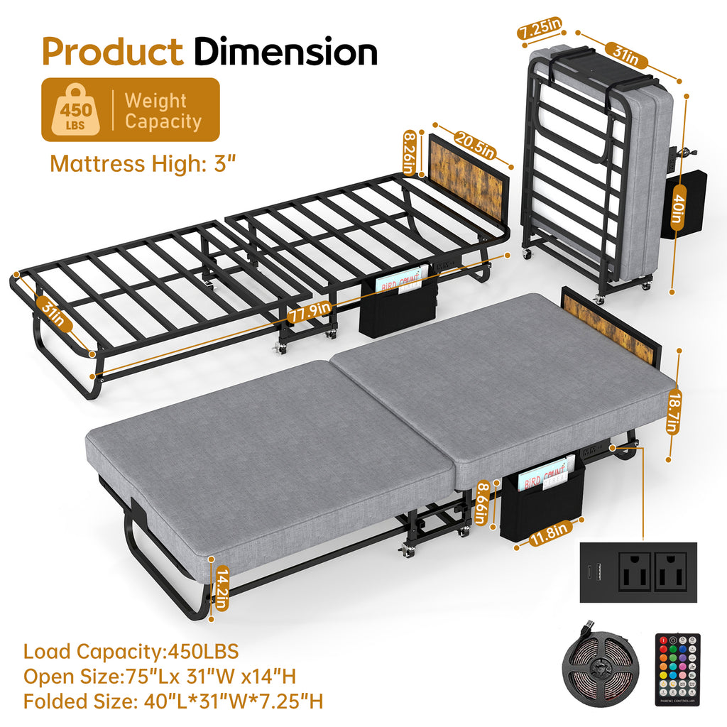 Folding metal bed frame with charging station and memory foam mattress—includes headboard