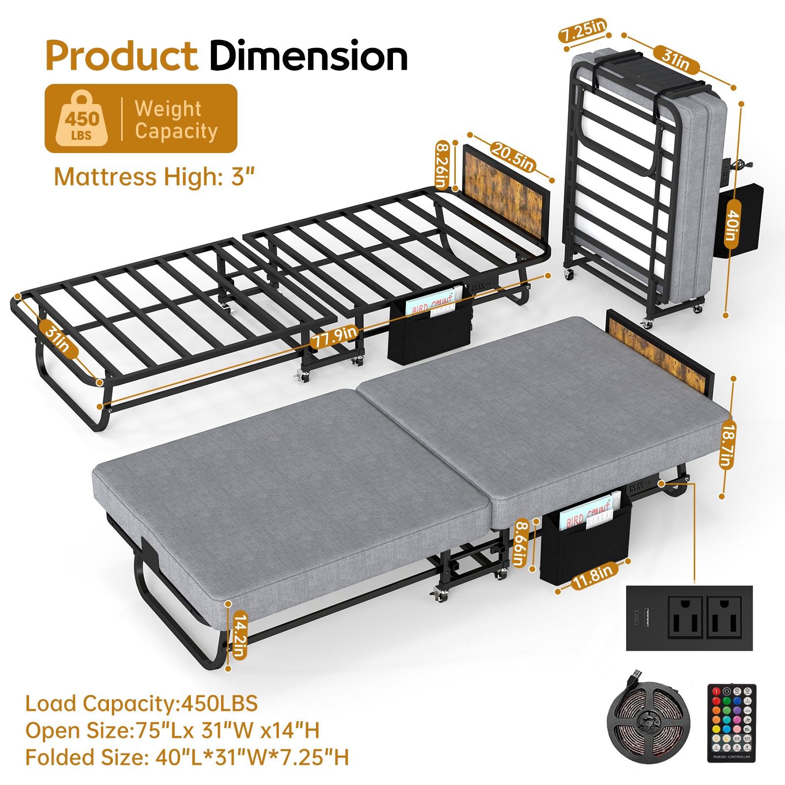 Folding metal bed frame with charging station and memory foam mattress—includes headboard