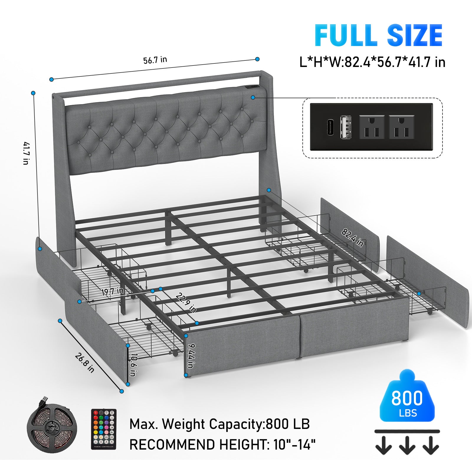 Upholstered Platform Bed Frame with Storage Drawers, LED Lights & Charging Station | Full, Queen & King