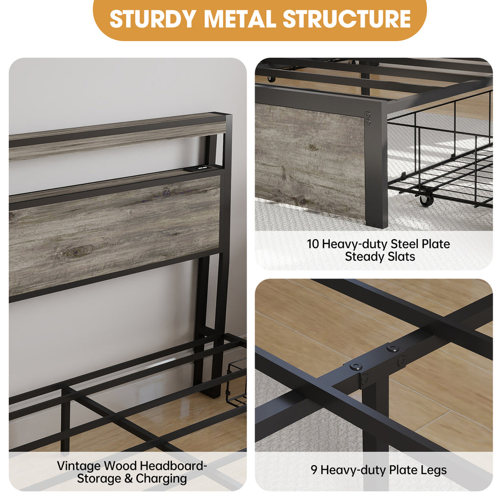 Rustic Grey Smart Bed Frame – RGB LED, 4 Drawers, USB & Outlet – No Box Spring – Full / Queen / King