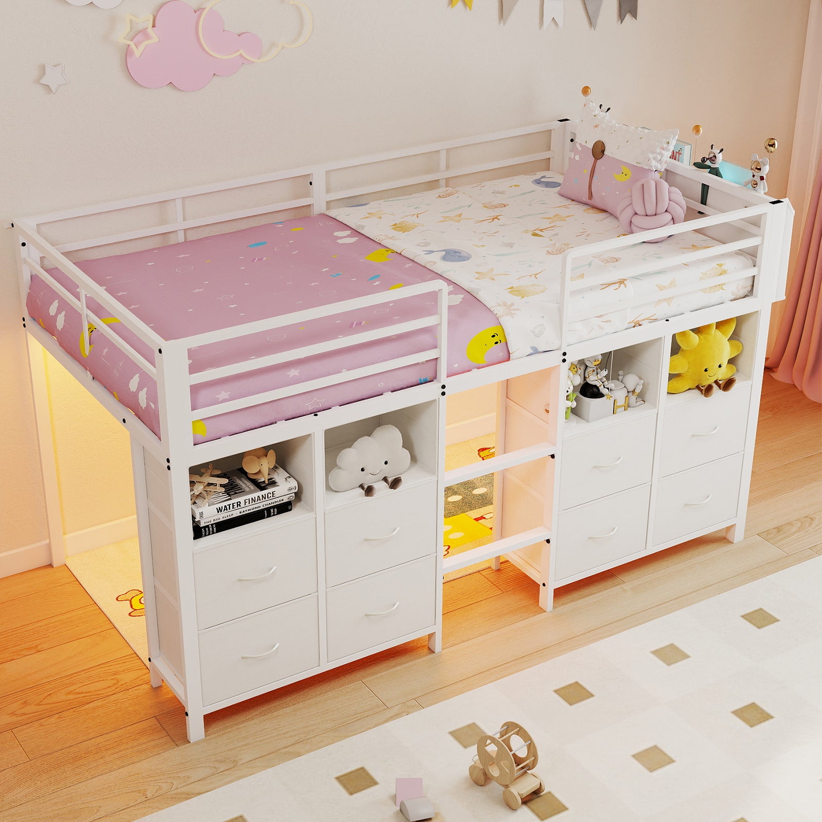 Kids Twin Low Loft Bed with 8 Storage Drawers & 4 Cubbies, RGB LED Lights & Under-Bed Play Space | White Metal Frame, Anti-Tip