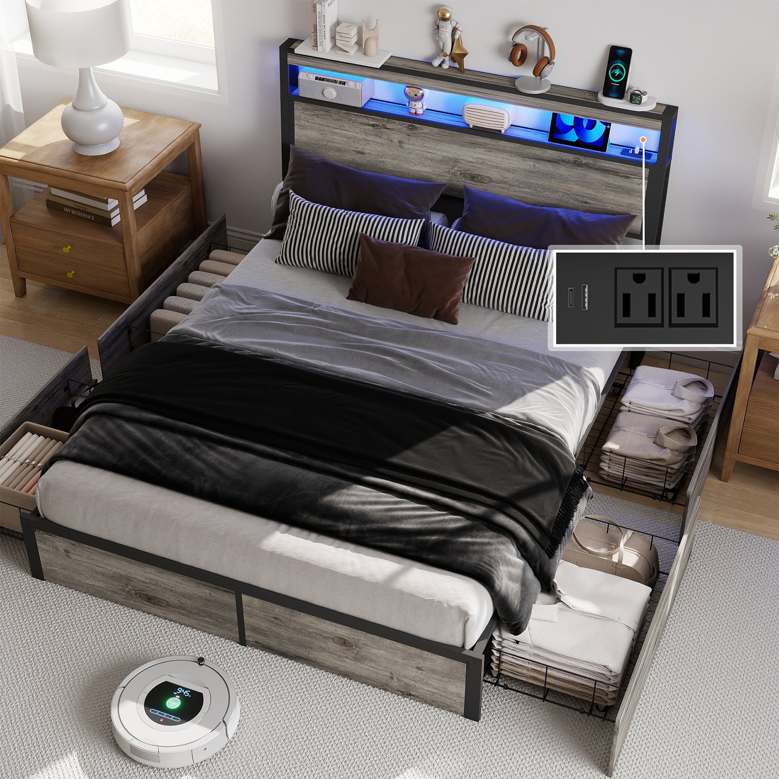 Rustic Grey Smart Bed Frame – RGB LED, 4 Drawers, USB & Outlet – No Box Spring – Full / Queen / King