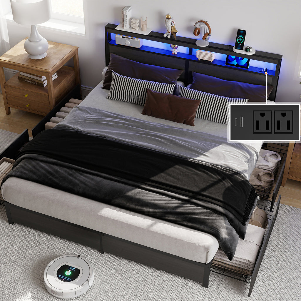 Smart RGB LED Storage Bed Frame with USB & Outlets – Charcoal Grey