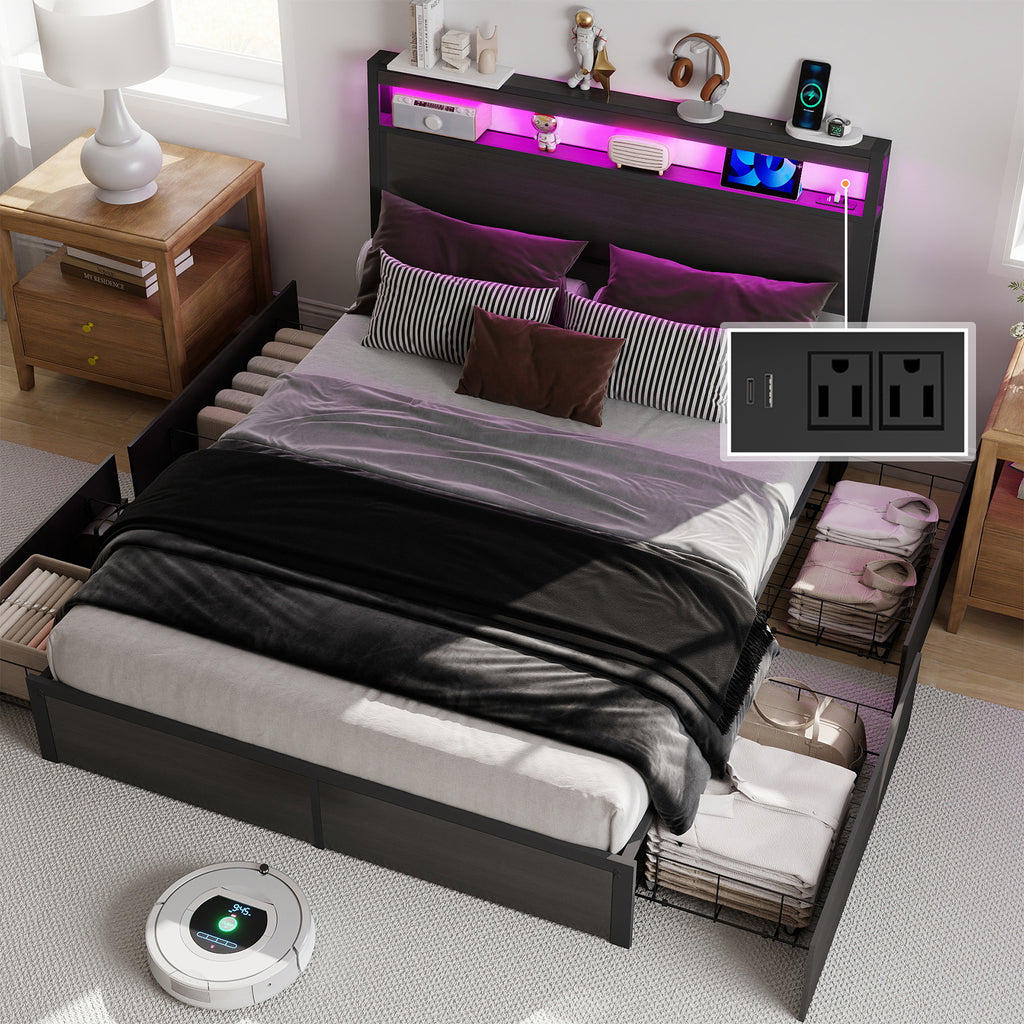 Smart RGB LED Storage Bed Frame with USB & Outlets – Charcoal Grey