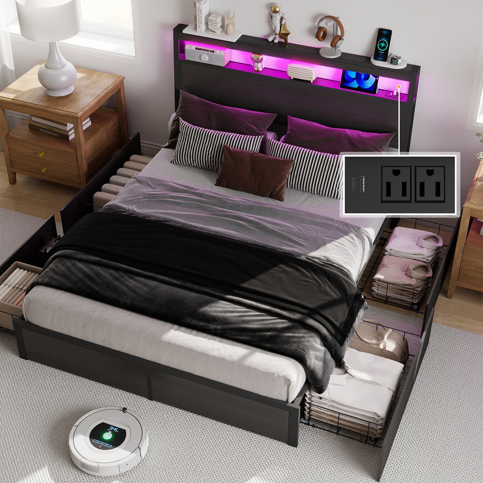 Smart RGB LED Storage Bed Frame with USB & Outlets – Charcoal Grey