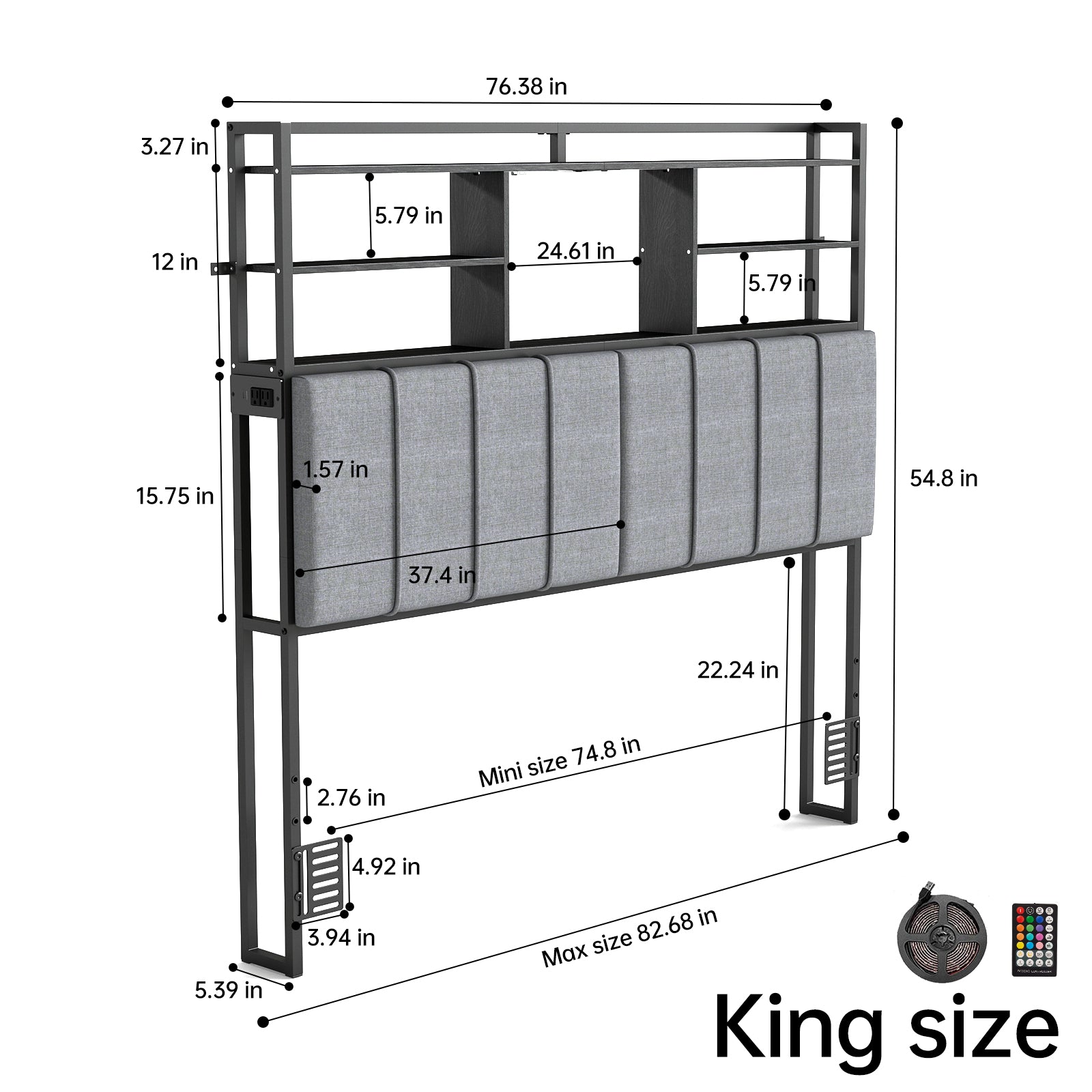 Upholstered Headboard with RGB LED & 5 Storage Cubes – USB / Type-C / Outlets – Twin to King