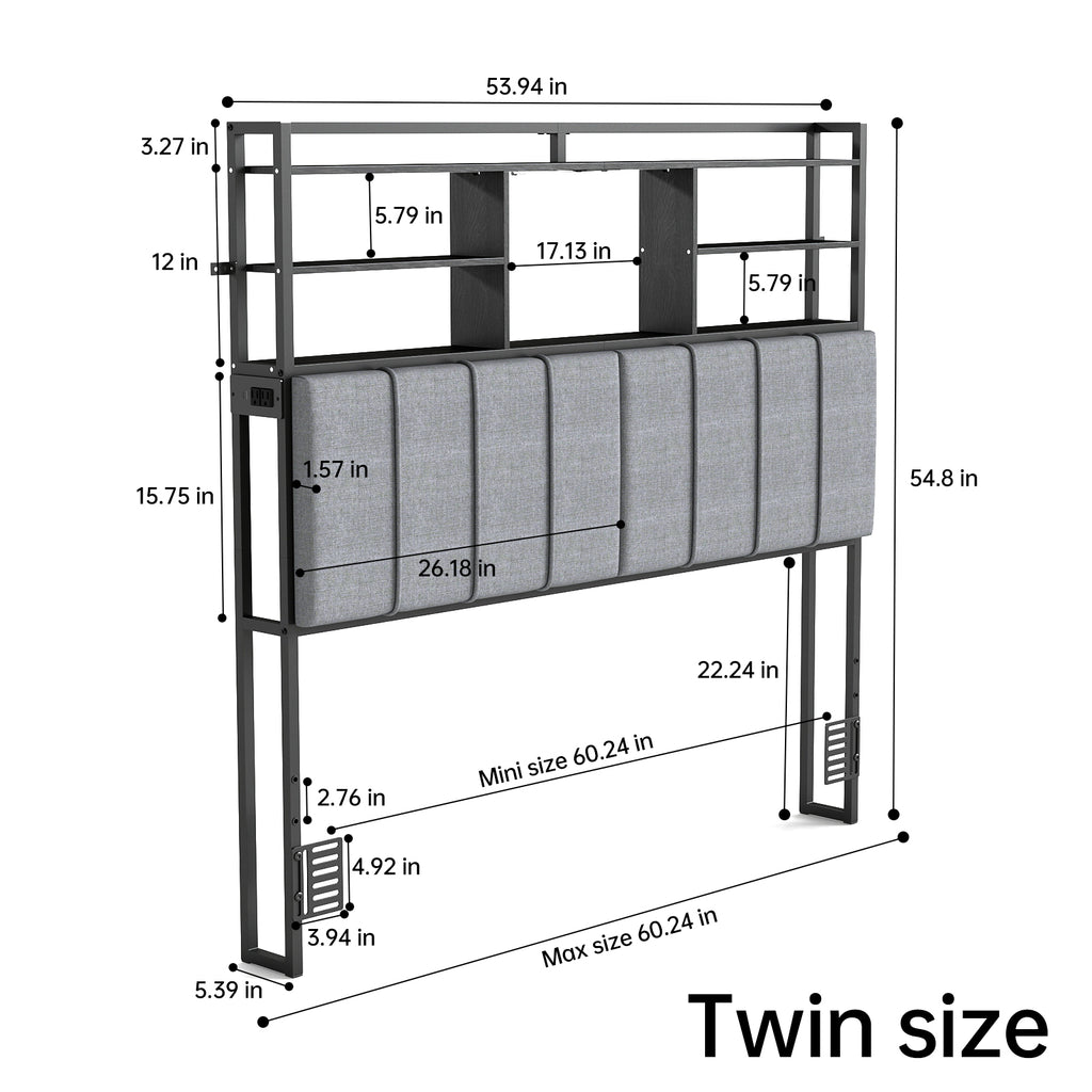 Upholstered Headboard with RGB LED & 5 Storage Cubes – USB / Type-C / Outlets – Twin to King
