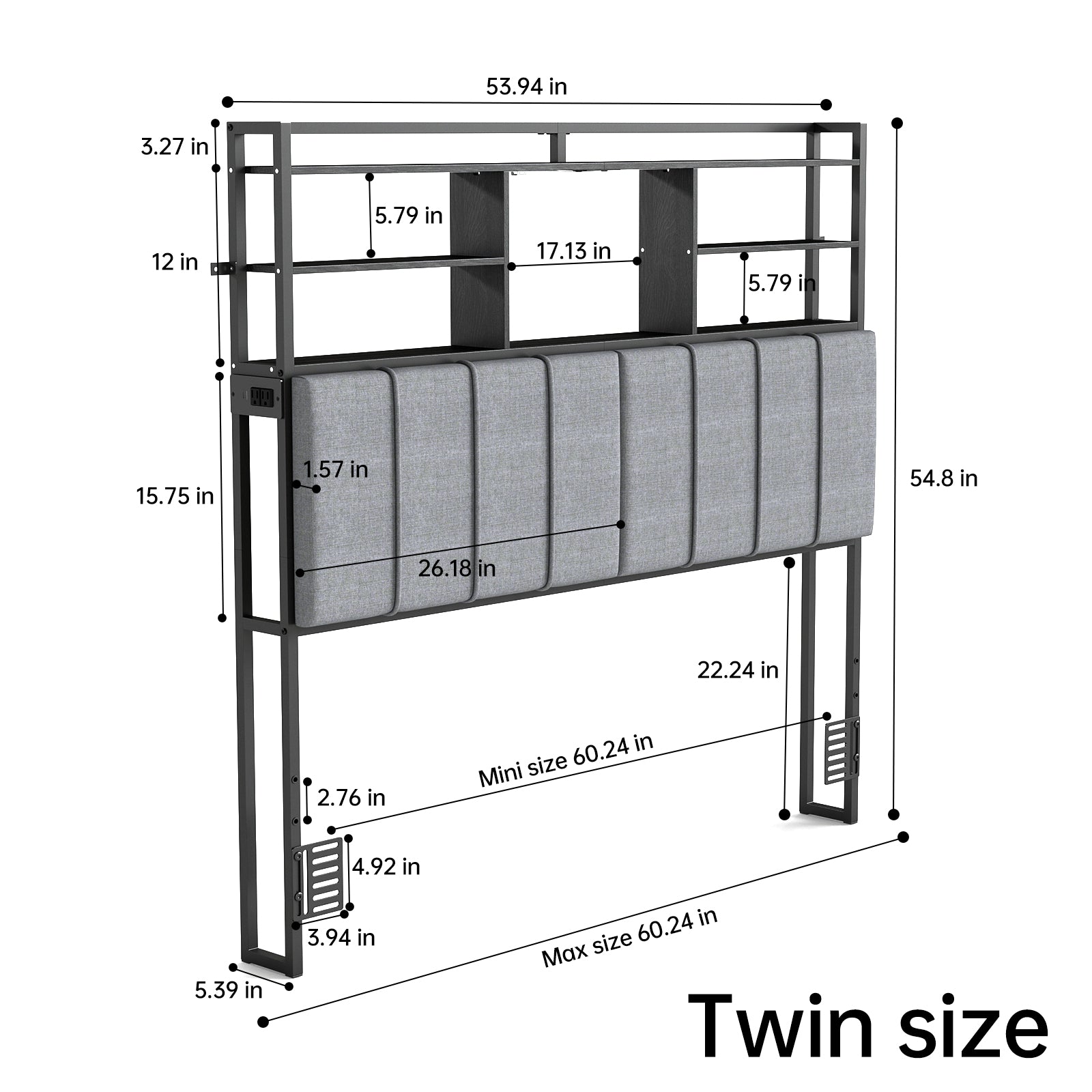 Upholstered Headboard with RGB LED & 5 Storage Cubes – USB / Type-C / Outlets – Twin to King