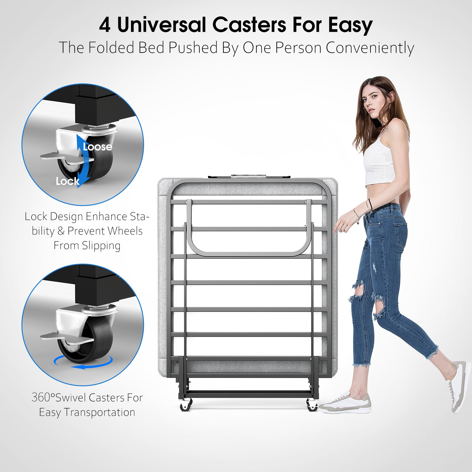 Foldable Guest Bed with Mattress – Rolling Folding Bed Frame with Locking Wheels – Guest & Roll Away Bed