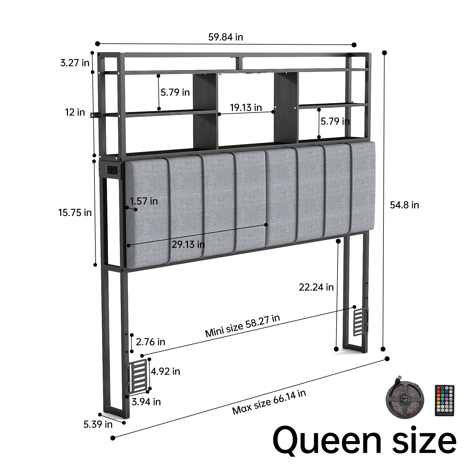 Upholstered Headboard with RGB LED & 5 Storage Cubes – USB / Type-C / Outlets – Twin to King