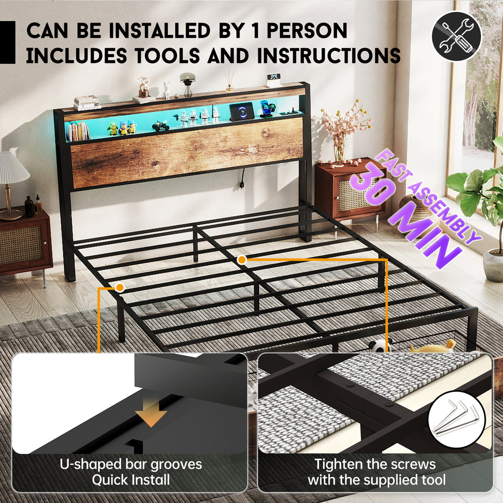 Retro Brown Storage Bed Frame with RGB LED & USB Charging – Full / Queen